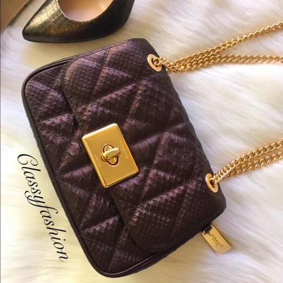 Coach Leather Crossbody Bag Chain Link Quilted Satchel Tote Snakeskin - Picture 3 of 7